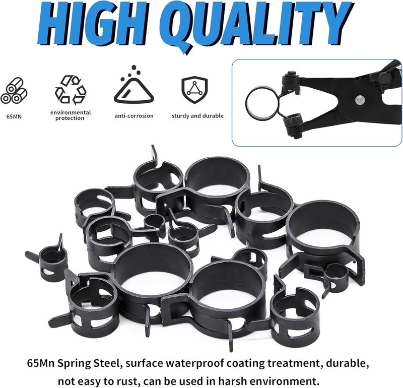 PEROMI 130Pcs 6-25mm Spring Band Hose Clamps With Swivel Flat Hose Clamp Plier Assortment Kit, Constant Tension Steel Clamps for Fuel Lines, Silicone, Vacuum Hoses & Low-Pressure Air Clips By - Image 3